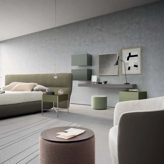 Pouf cilindrico in tessuto con piano di appoggio in essenza Pilar di Presotto