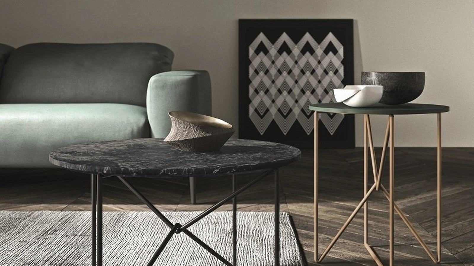 Tavolino rotondo MW con base in metallo e top effetto marmo o laccato opaco di Presotto