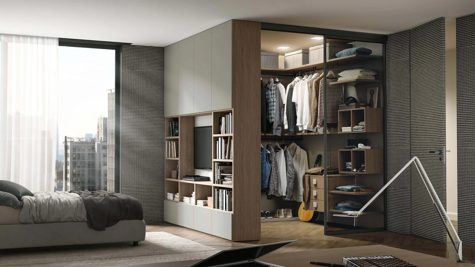 Cabina Armadio angolare in laccato e melaminico con porta Integrata scorrevole di Adok