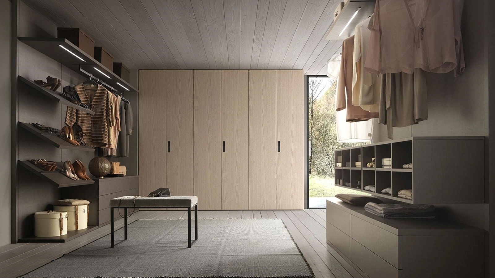 Cabina Armadio Comp 330 con armadio in frassino tinto Avorio e scaffalature in Nobilitato tessuto Grey di Mobilgam