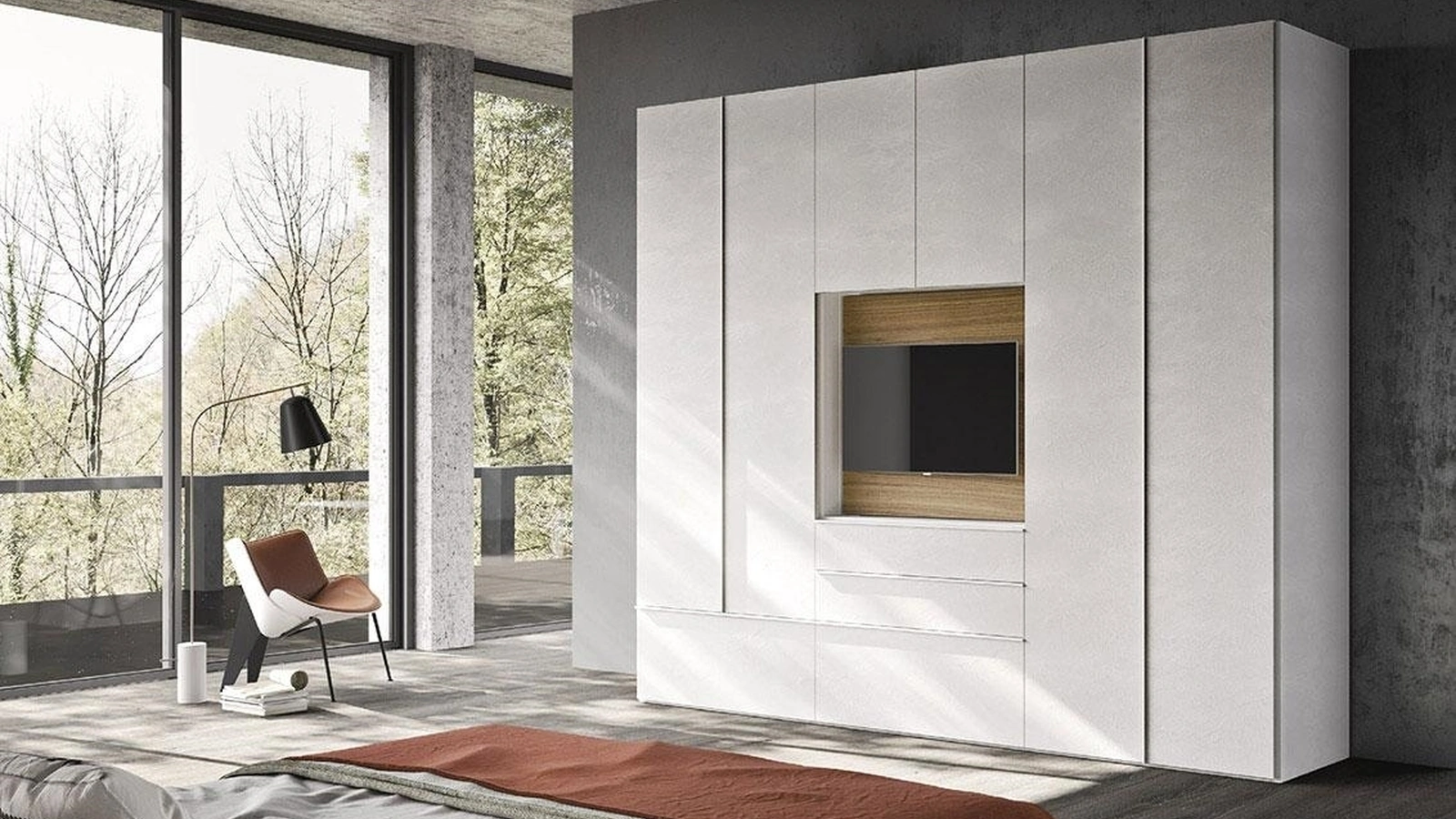 Armadio con ante battenti e vano porta TV Comp 354 in nobilitato cemento bianco di Mobilgam