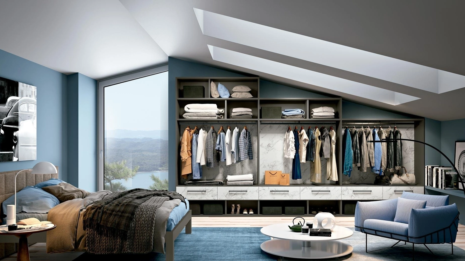 Cabina Armadio mansardata in melaminico e materico effetto marmo di Carrara Look 13 di Ferrimobili