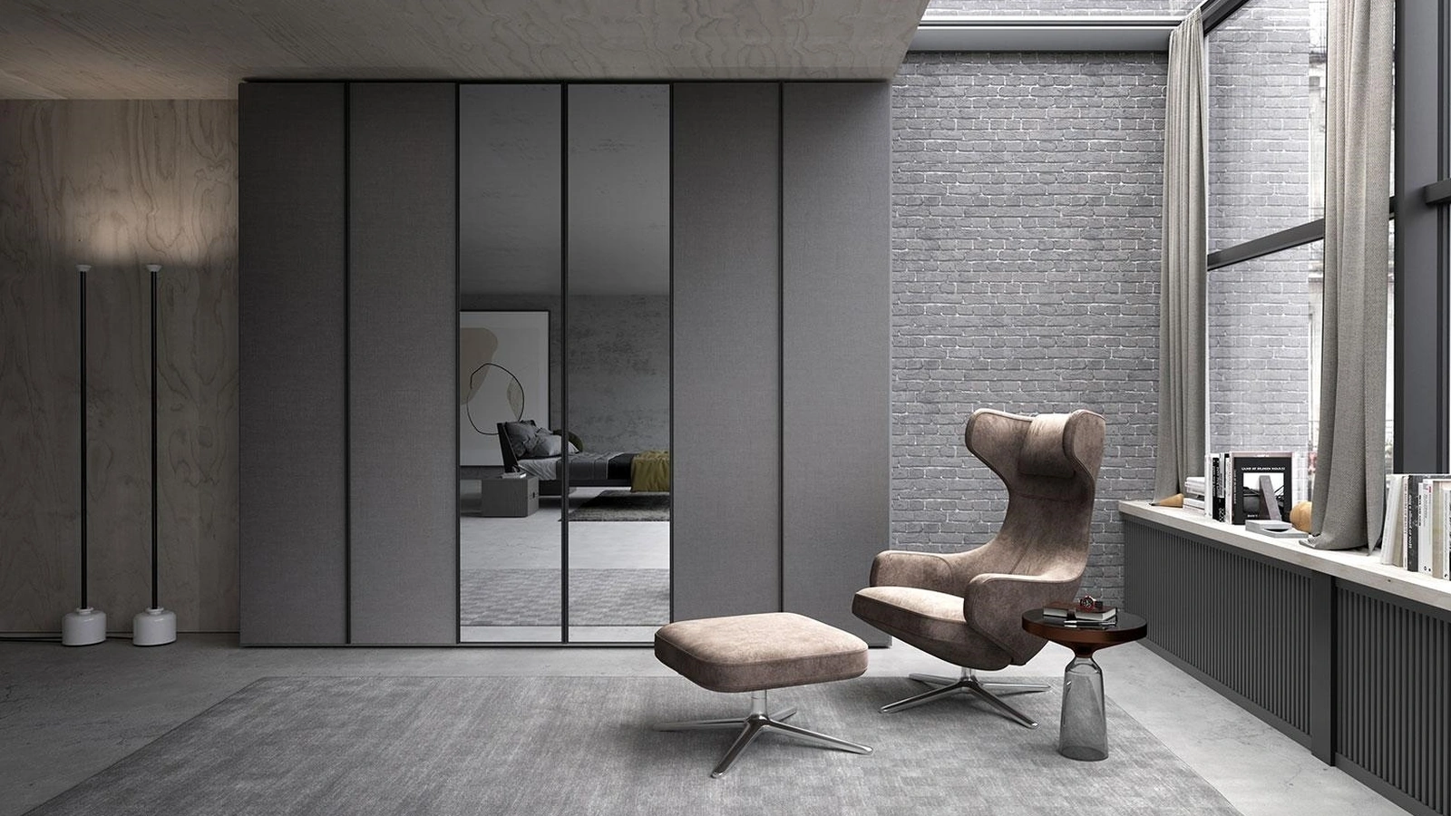 Armadio con ante battenti Comp 336 in nobilitato tessuto Grey e Specchio di Mobilgam