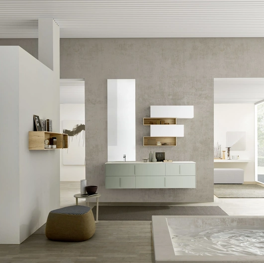 Mobile da bagno sospeso M System C014 in laccato opaco Verde Polvere di Baxar