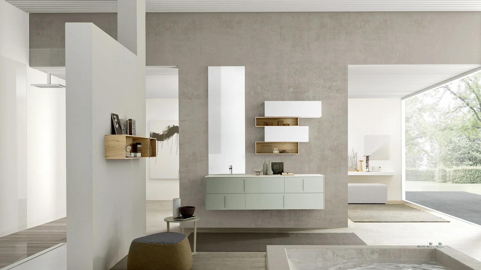 Mobile da bagno sospeso M System C014 in laccato opaco Verde Polvere di Baxar