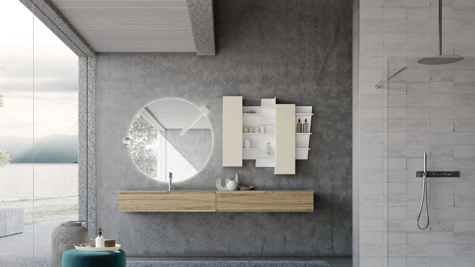 Mobile da Bagno sospeso M1 System 123 in melaminico Noce e laccato opaco di Baxar