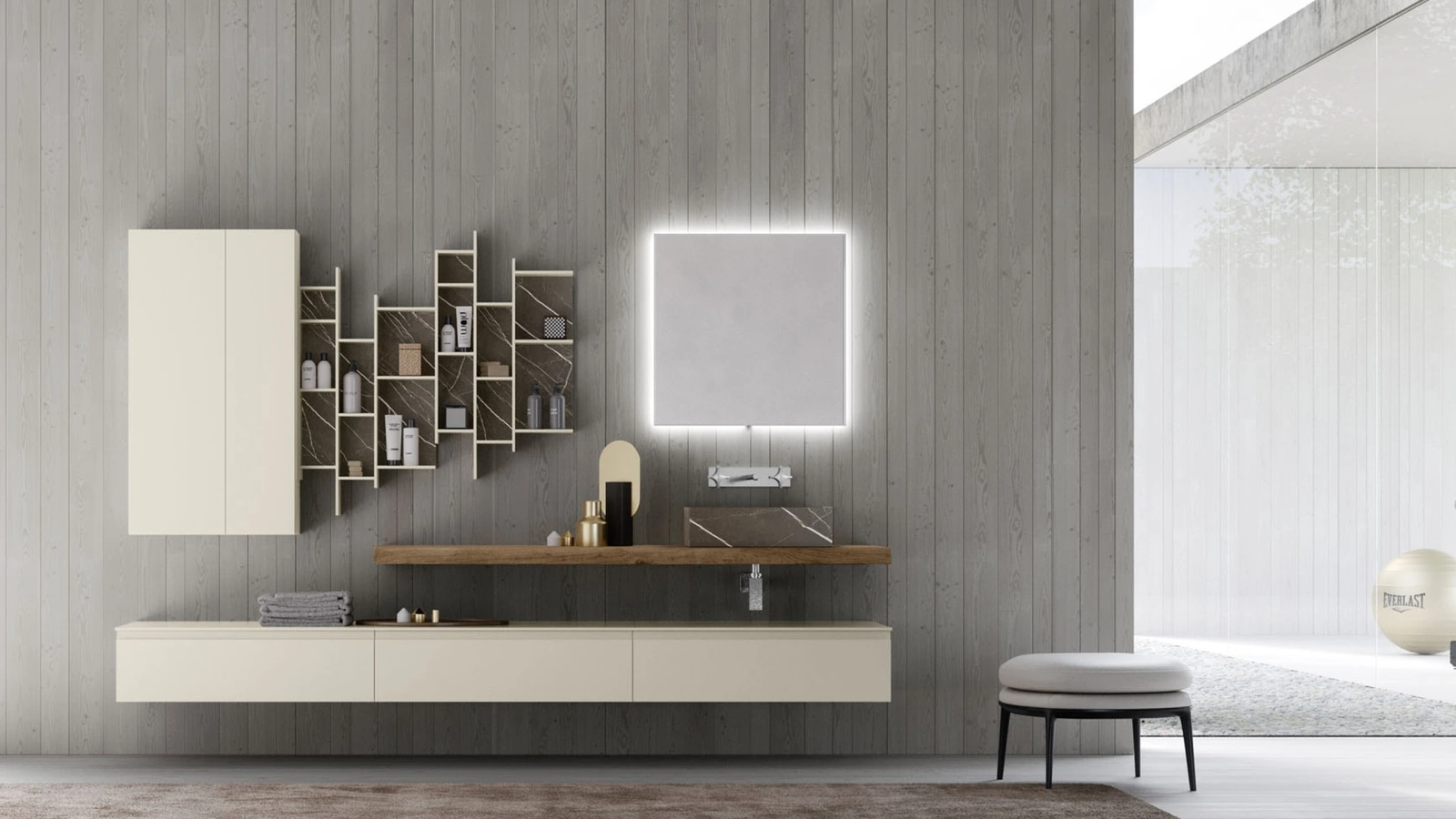 Mobile da Bagno sospeso M1 System 124 in laccato opaco Platino e top in Rovere Corteccia di Baxar