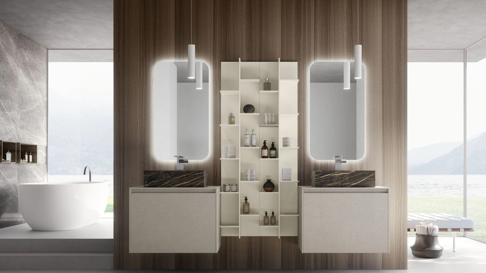 Mobile da Bagno sospeso M2 System 225 in laccato opaco Platino con lavabo in gres effetto marmo di Baxar
