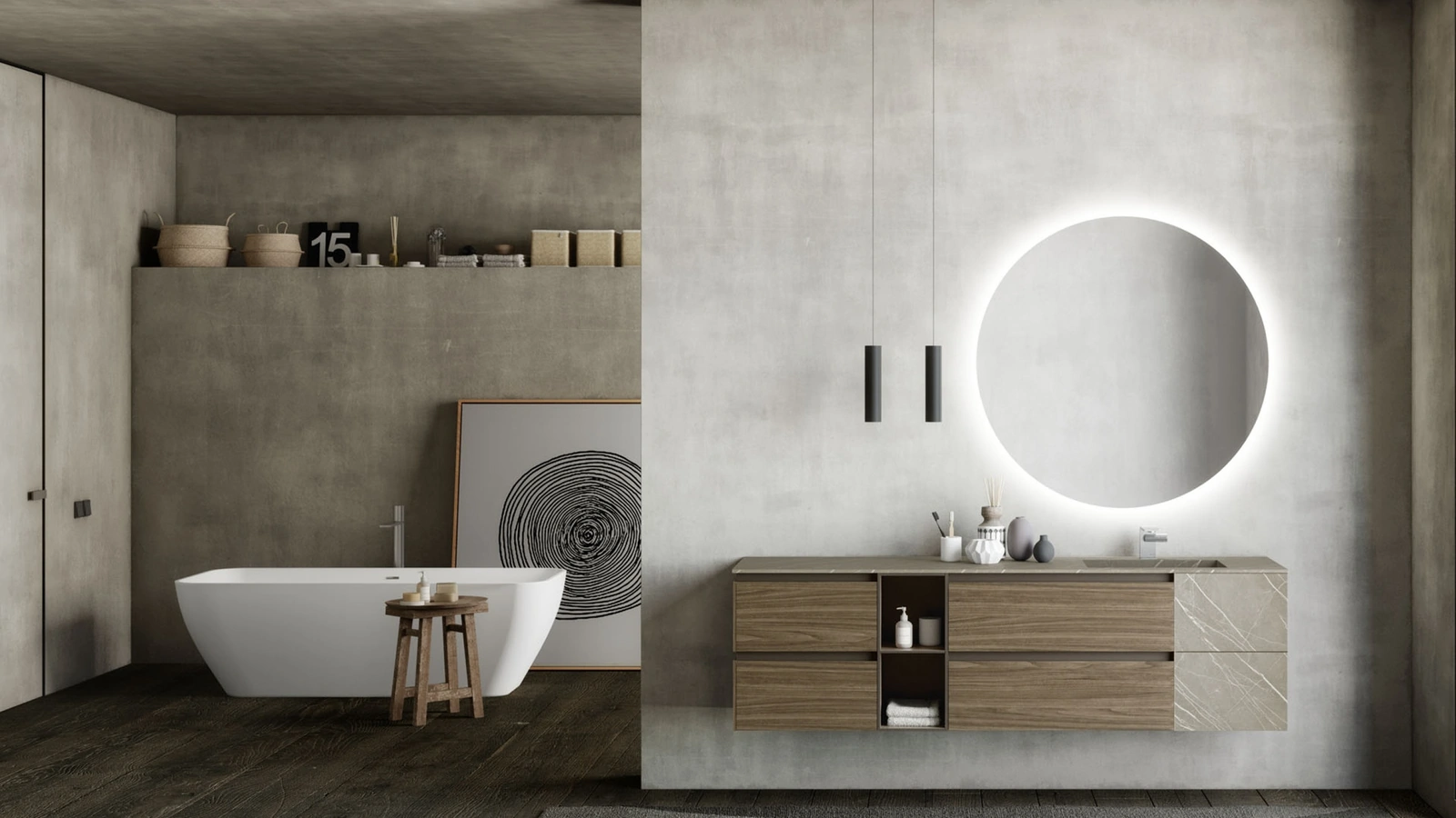 Mobile da Bagno sospeso M2 System 227 in melaminico Noce Canaletto e HPL di Baxar