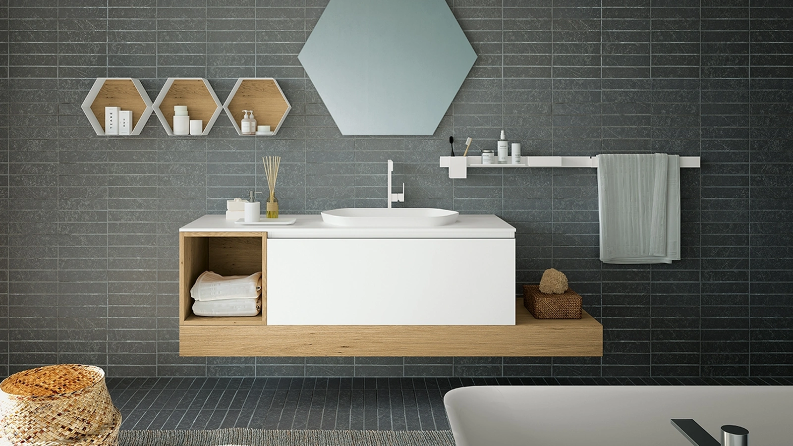 Mobile da Bagno sospeso in vetro acidato e Rovere Modulo 08 di Archeda