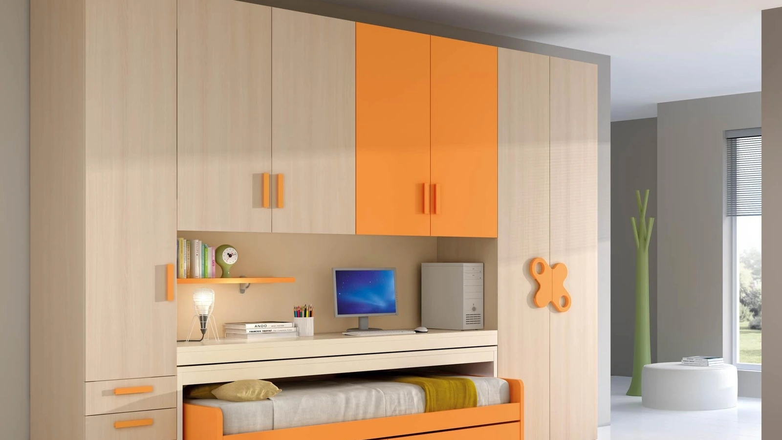 Cameretta per Ragazzi 606 salvaspazio con armadio a ponte e letto estraibile da sotto la scrivania di Ferrimobili