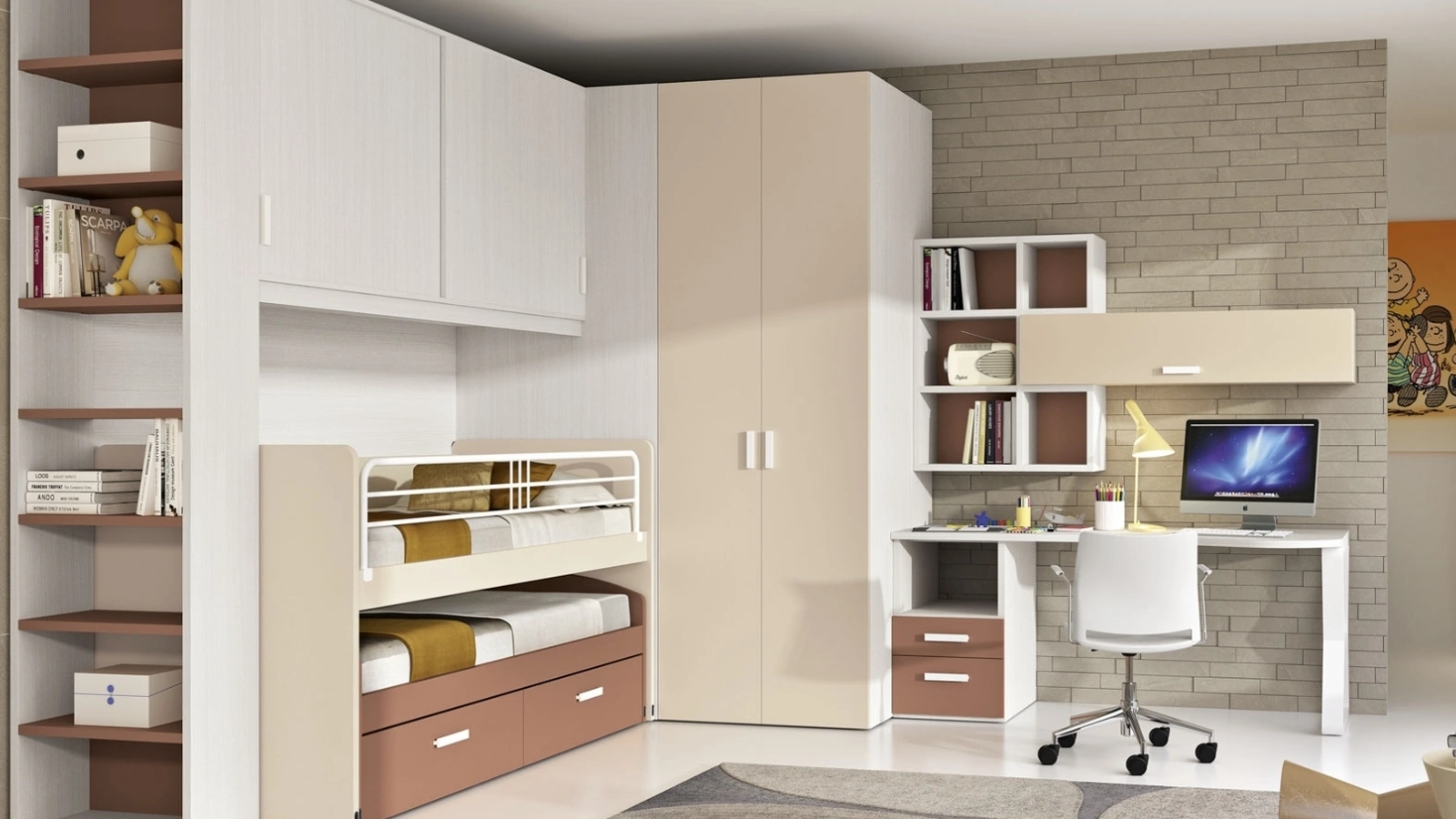 Cameretta 144 a ponte con secondo letto estraibile e scrivania di Ferrimobili