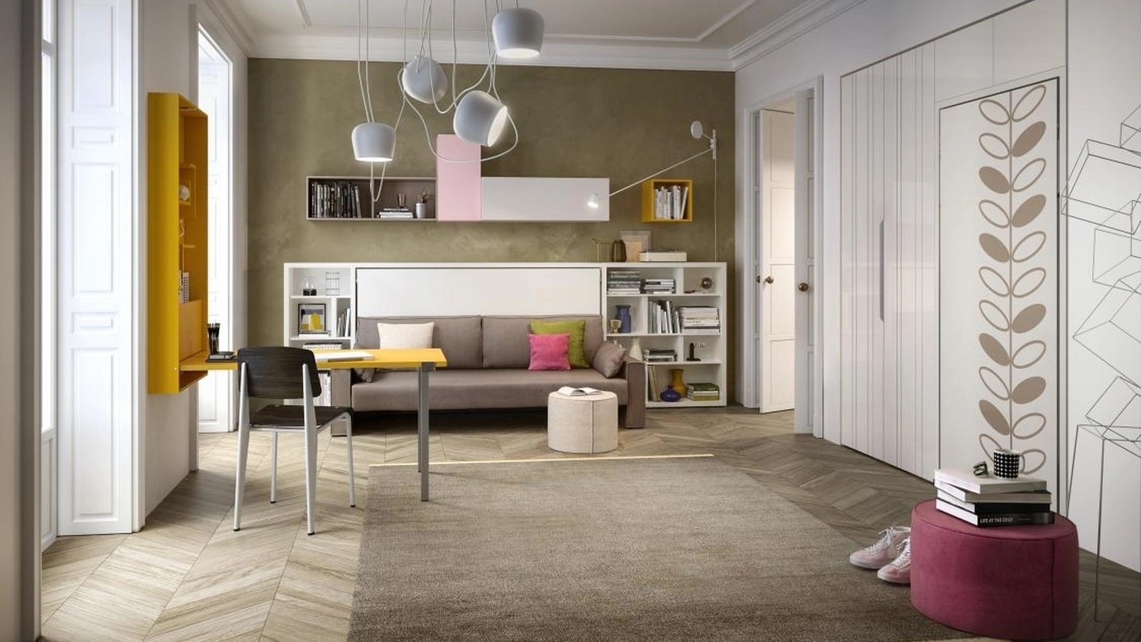 Cameretta su misura trasformabile con letti a scomparsa Young 04 in laccato opaco di Clei