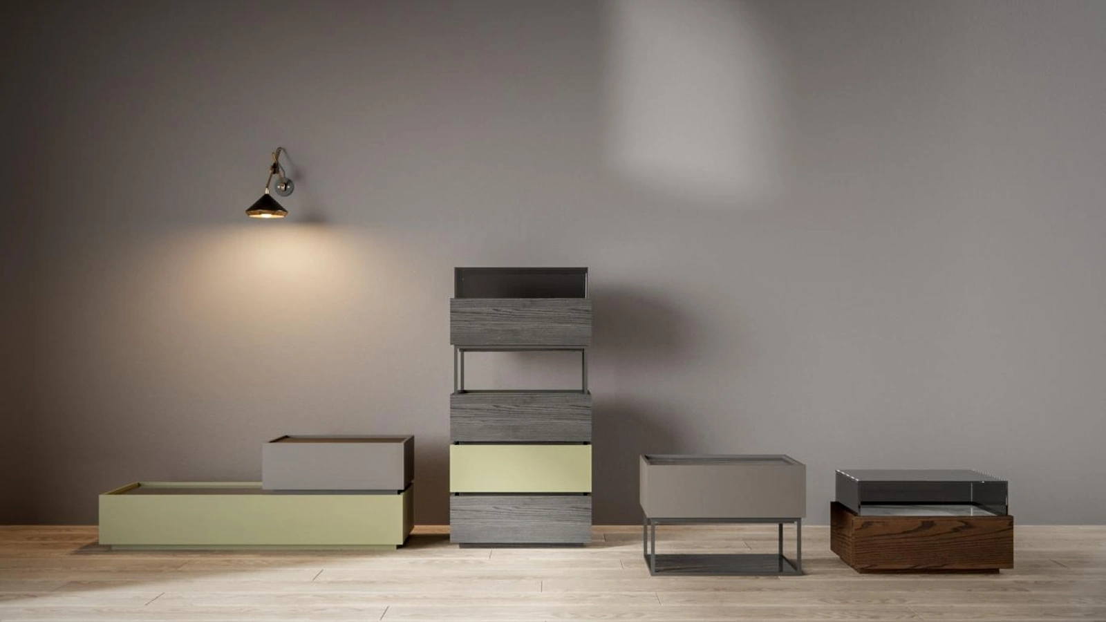 Gruppo Notte Cubo in laccato e legno di Mobilgam