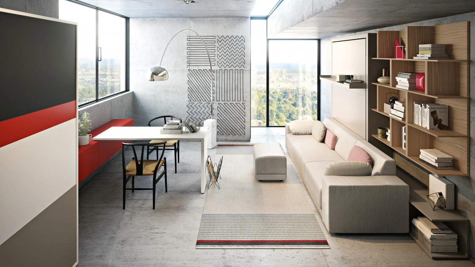 Letto a scomparsa trasformabile chiuso Living 05 con divano integrato lineare Oslo di Clei