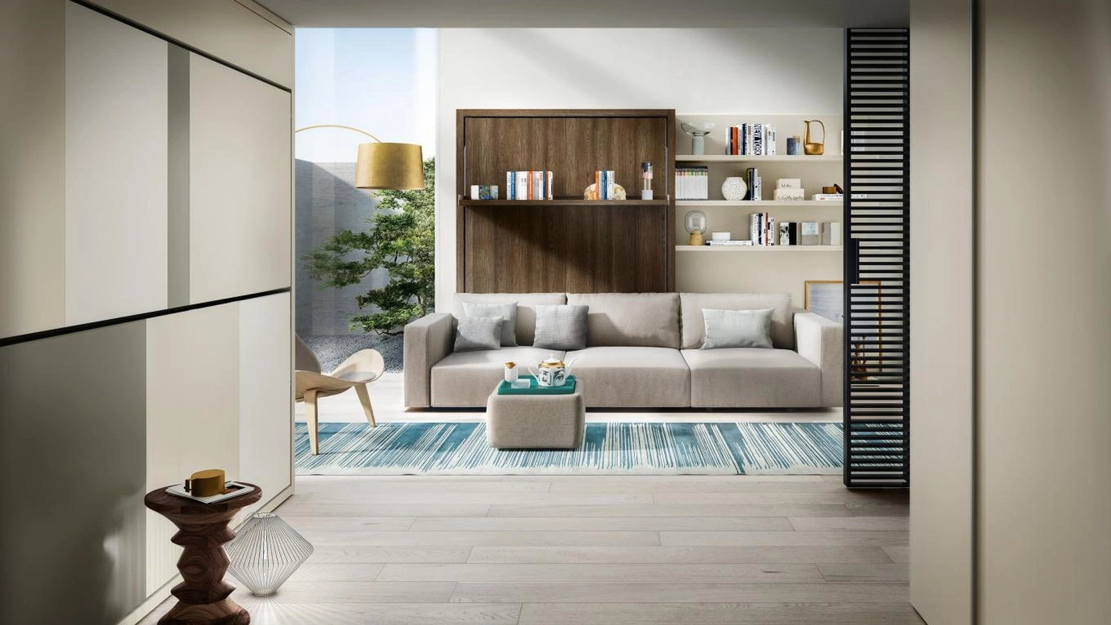 Letto a scomparsa trasformabile chiuso Living 08 con divano lineare integrato Swing di Clei