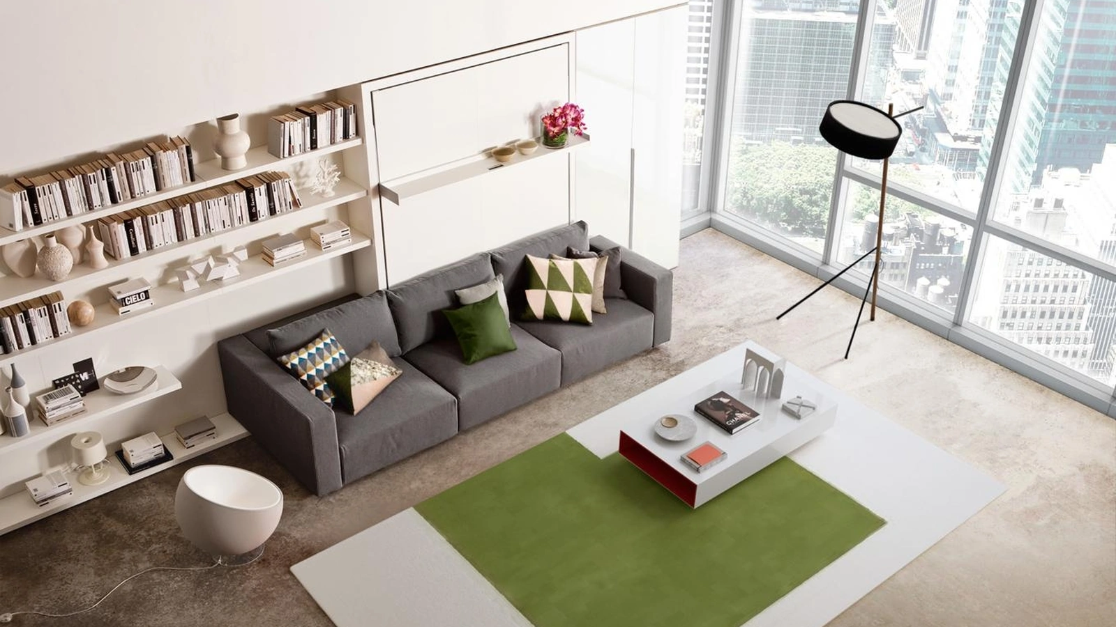 Letto a scomparsa trasformabile chiuso Living 09 con divano lineare integrato Swing di Clei