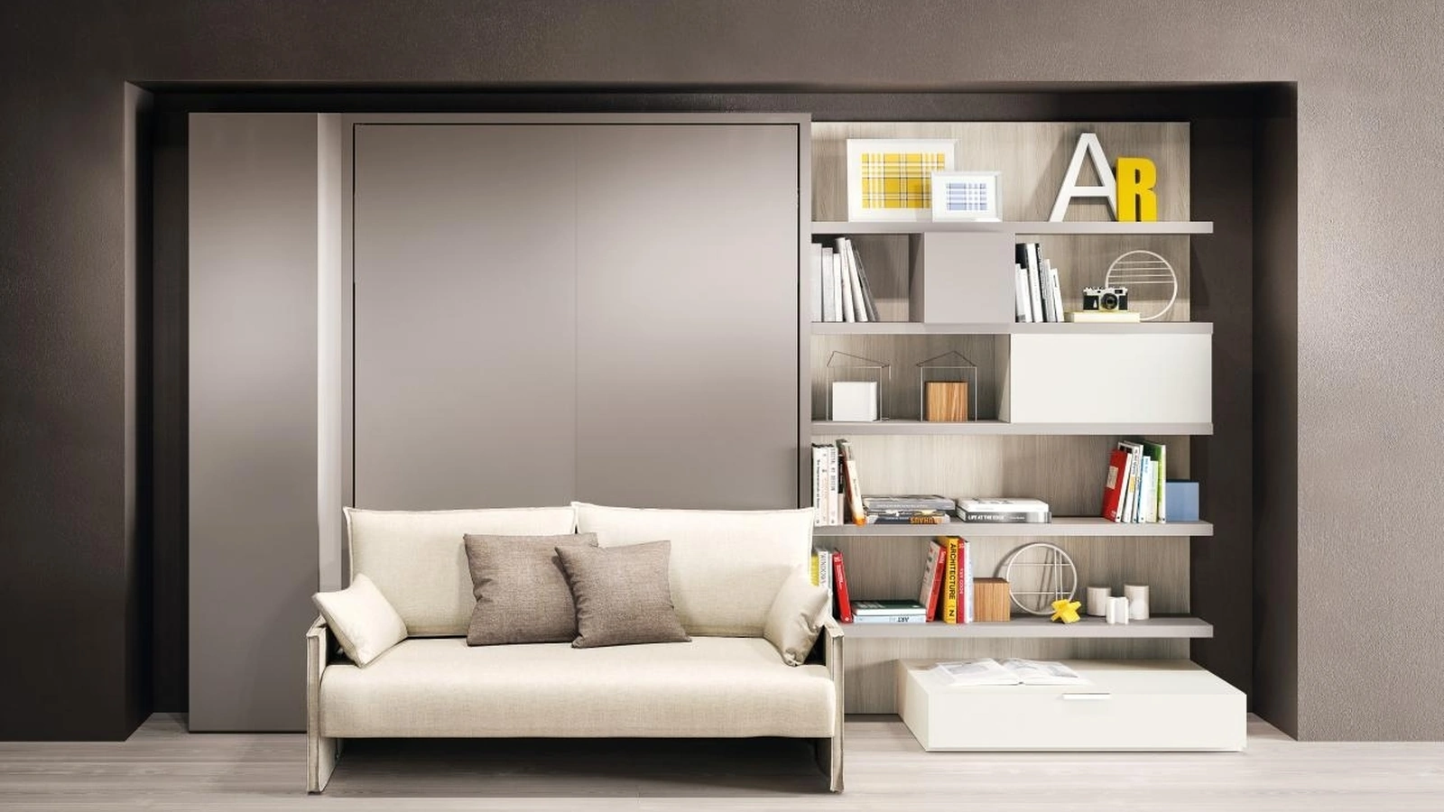 Letto a scomparsa trasformabile chiuso Living 14 con divano lineare Penelope 2 Sofa di Clei