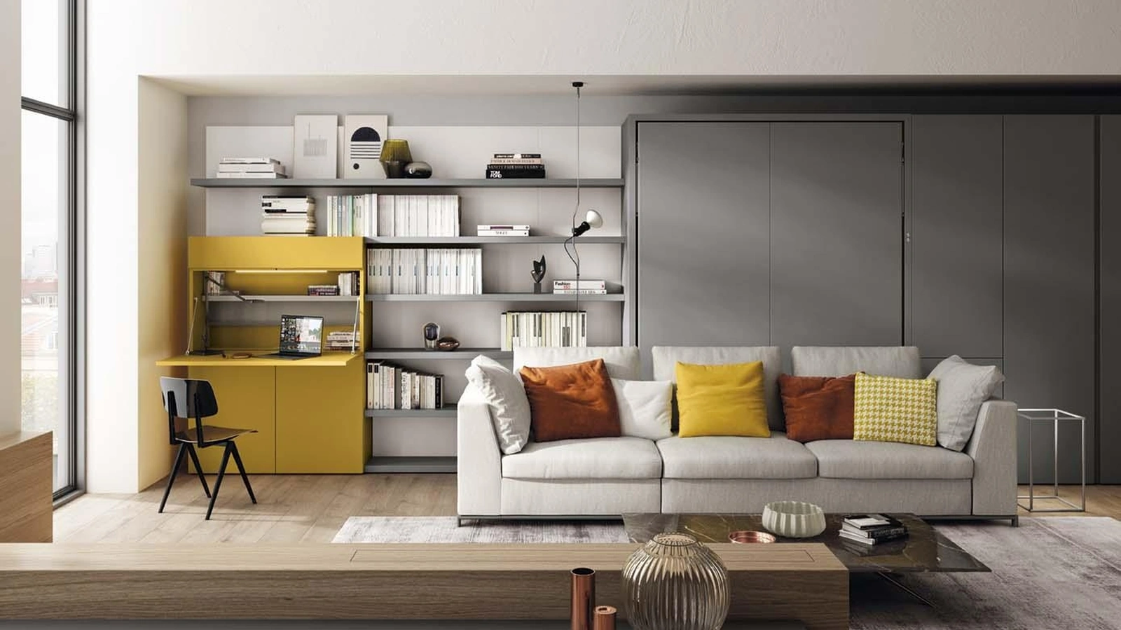 Letto a scomparsa chiuso con divano lineare e angolo studio Living 24 di Clei