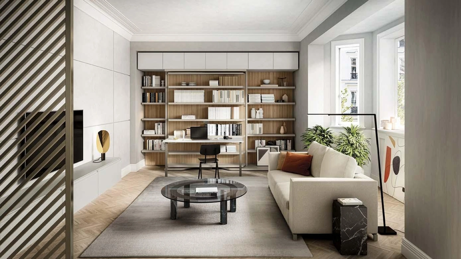 Letto a scomparsa chiuso Living 26 con libreria e scrivania in laccato opaco e melaminico di Clei