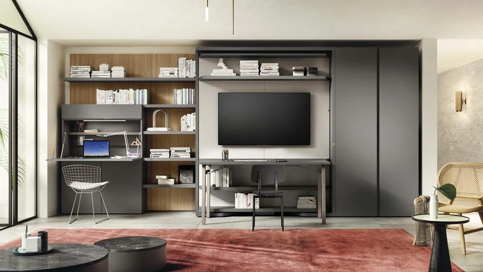 Letto a scomparsa chiuso Living 27 con parete attrezzata in laccato opaco e melaminico di Clei