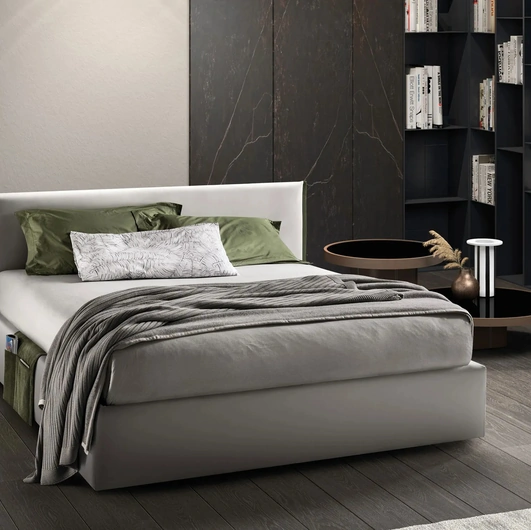 Letto in tessuto imbottito con testiera e box contenitore Good Rim di Bside