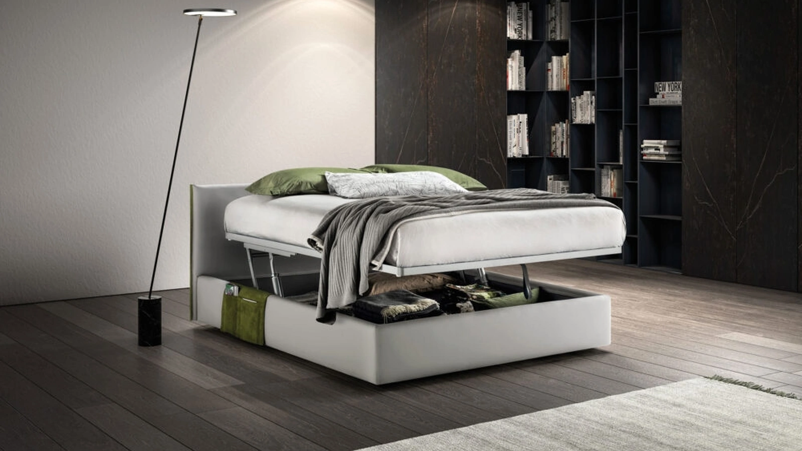Letto in tessuto imbottito con testiera e box contenitore Good Rim di Bside