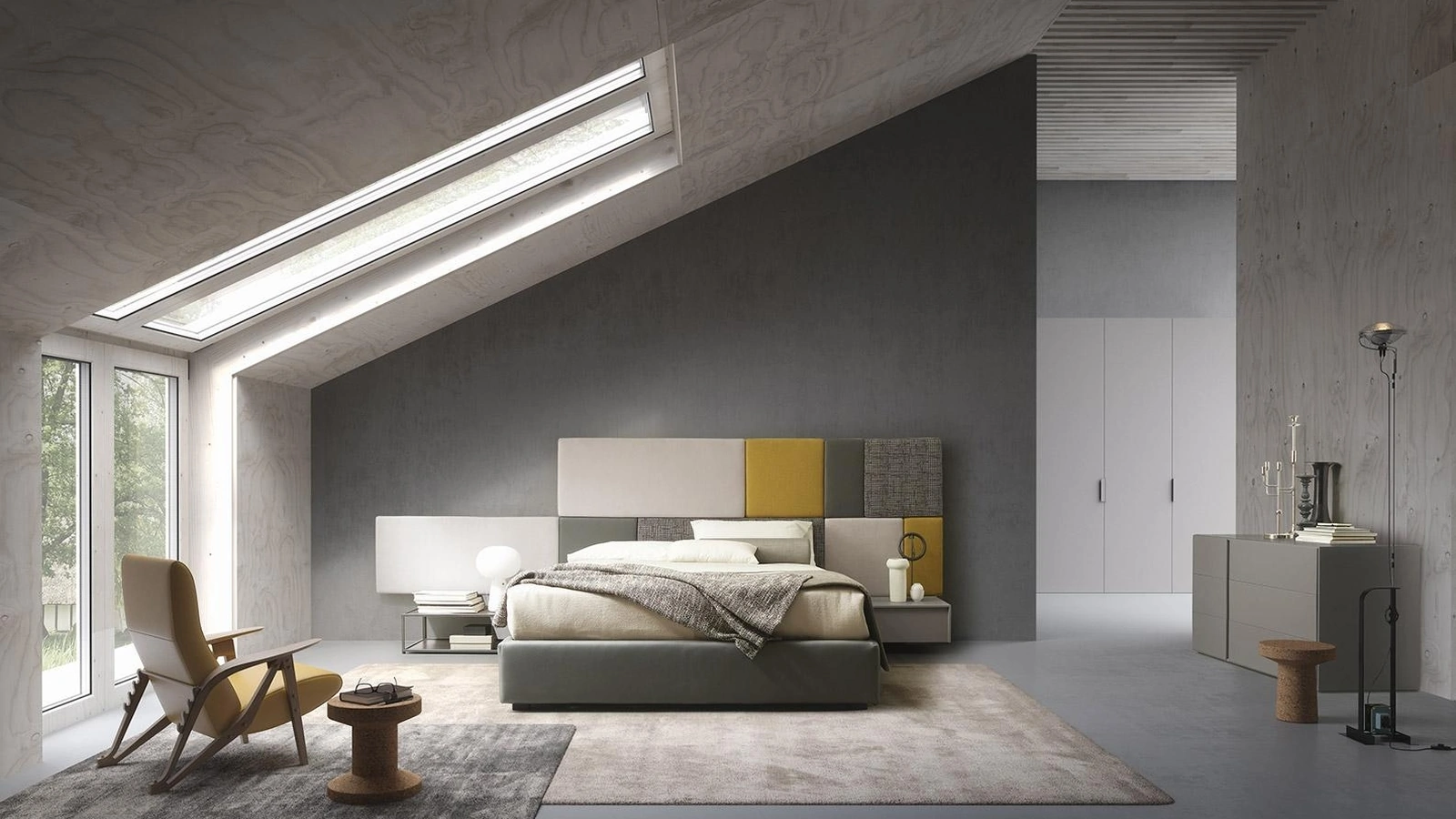 Letto sommier Tetris con testiera boiserie in tessuto imbottito di Mobilgam