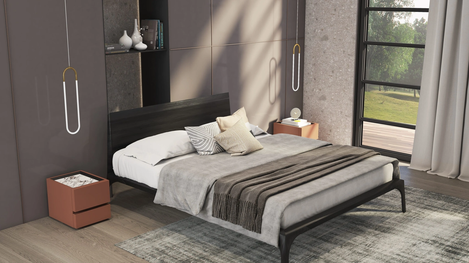 Letto in legno impiallacciato Frassino tinto nero Relevè di Presotto