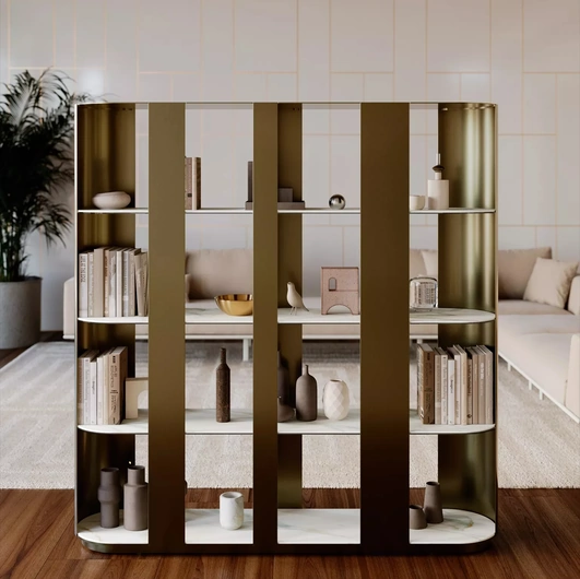 Libreria divisoria Helena in metallo laccato con ripiani in SuperMarmo di Bontempi