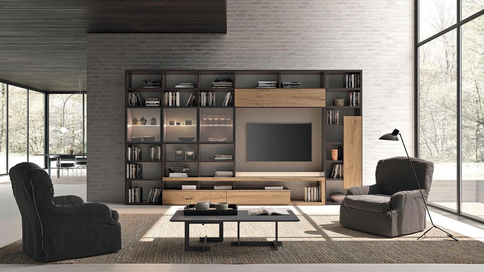 Libreria a muro Horizon 946 in legno, laccato opaco e vetro di Mobilgam