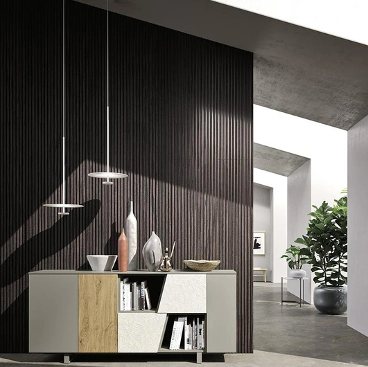 Madia Horizon Tetris 962 in laccato, rovere e cemento di Mobilgam