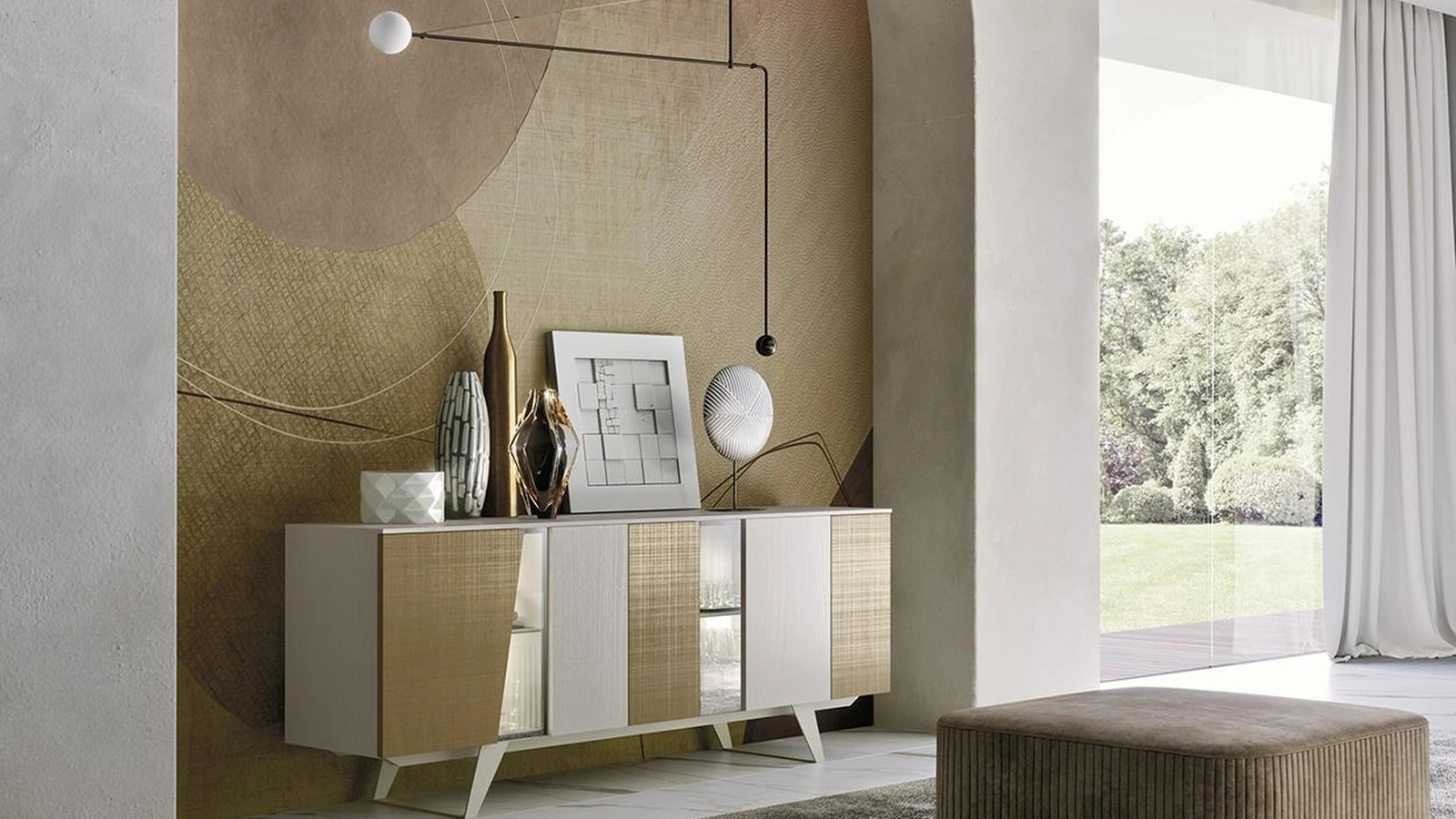 Madia Horizon Tetris 963 in frassino, telato bronzo e vetro di Mobilgam