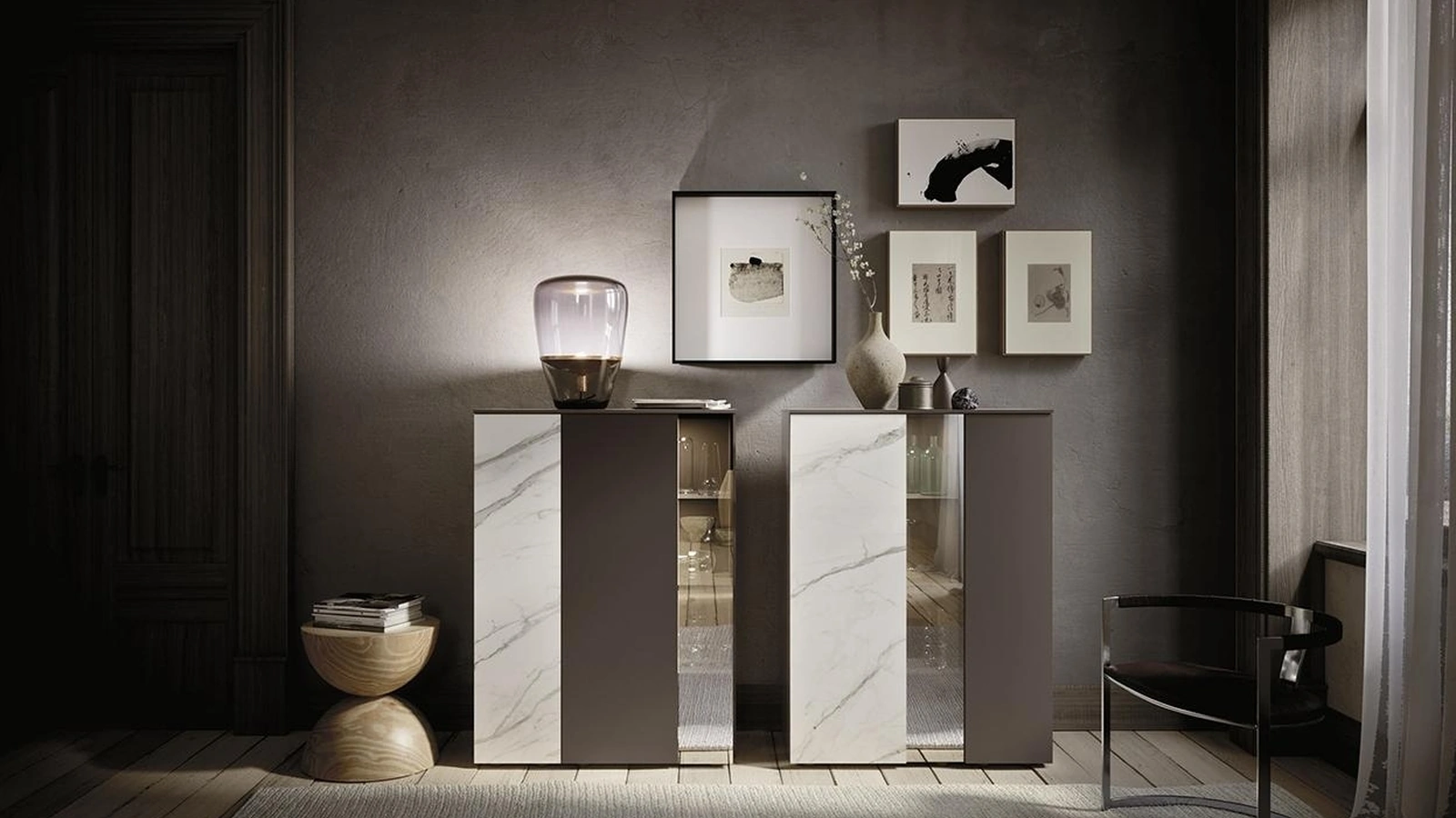 Madia Horizon Tetris 966 in laccato, laminam e vetro di Mobilgam