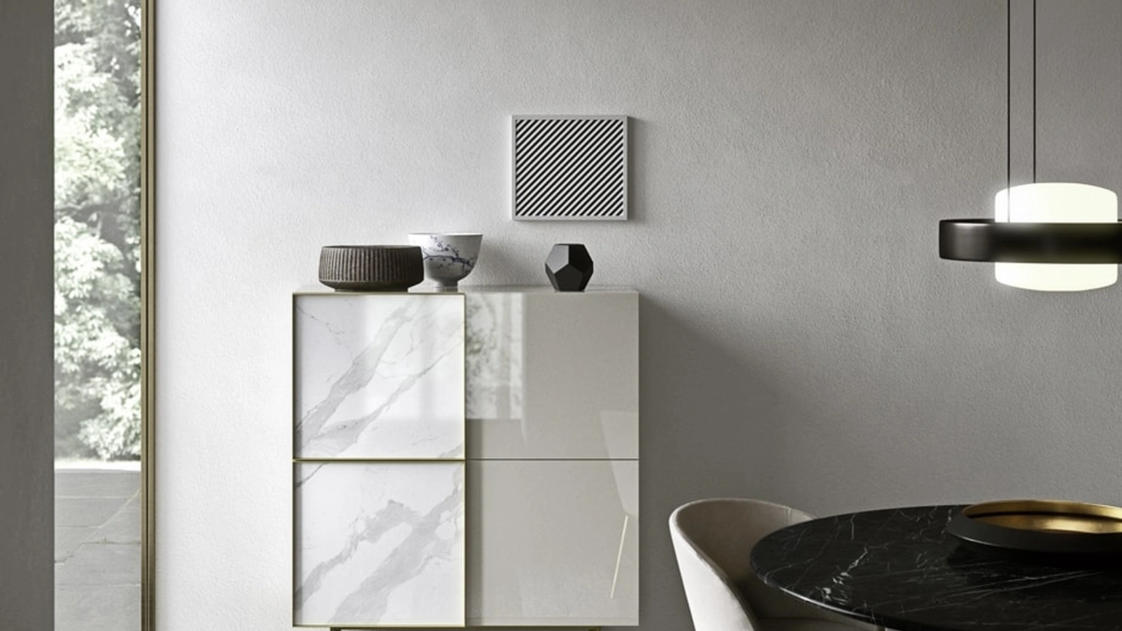 Madia Alta Match in laccato lucido e ceramica con piedini in metallo di Presotto