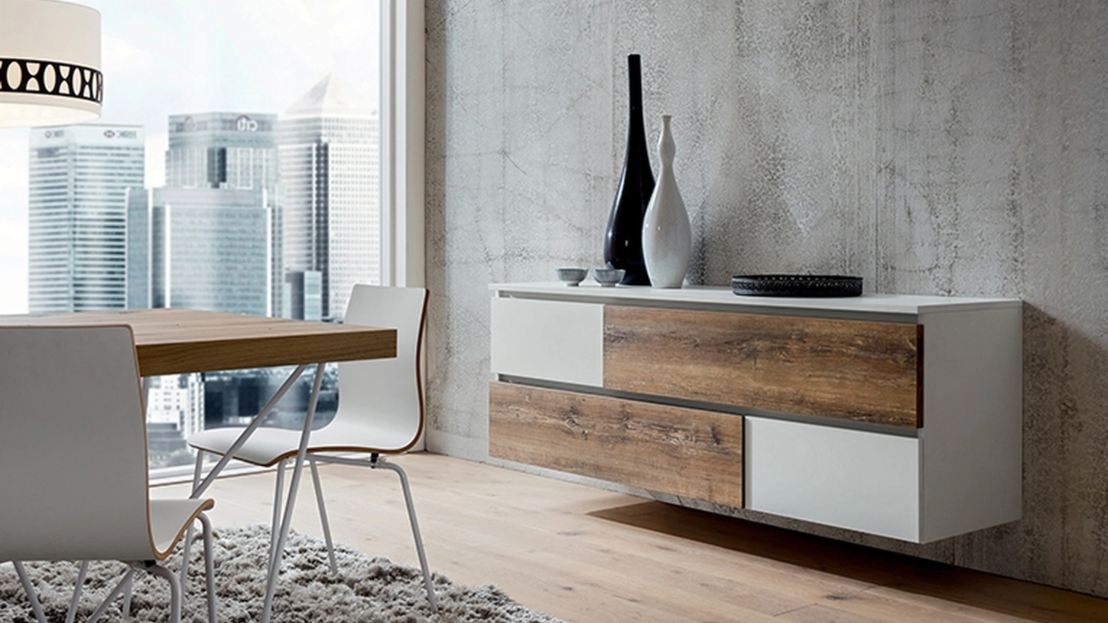 Mobile ingresso sospeso in truciolare placcato HPL Bianco e effetto legno Bea di La Primavera