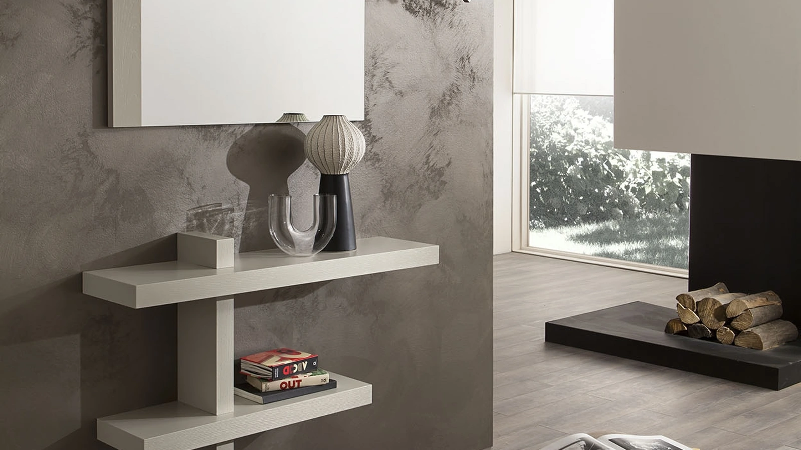 Mobile ingresso in Frassino laccato opaco Tortora con specchio Sandy di La Primavera