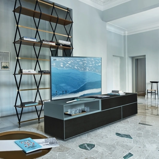 Mobile Porta Tv Domino Più 2L sx in Rovere carbone e laccato opaco Pervinca di Sangiacomo