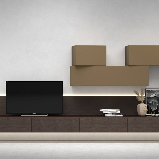 Mobile Porta Tv sospeso InclinArt in legno con pensili in laccato opaco di Presotto