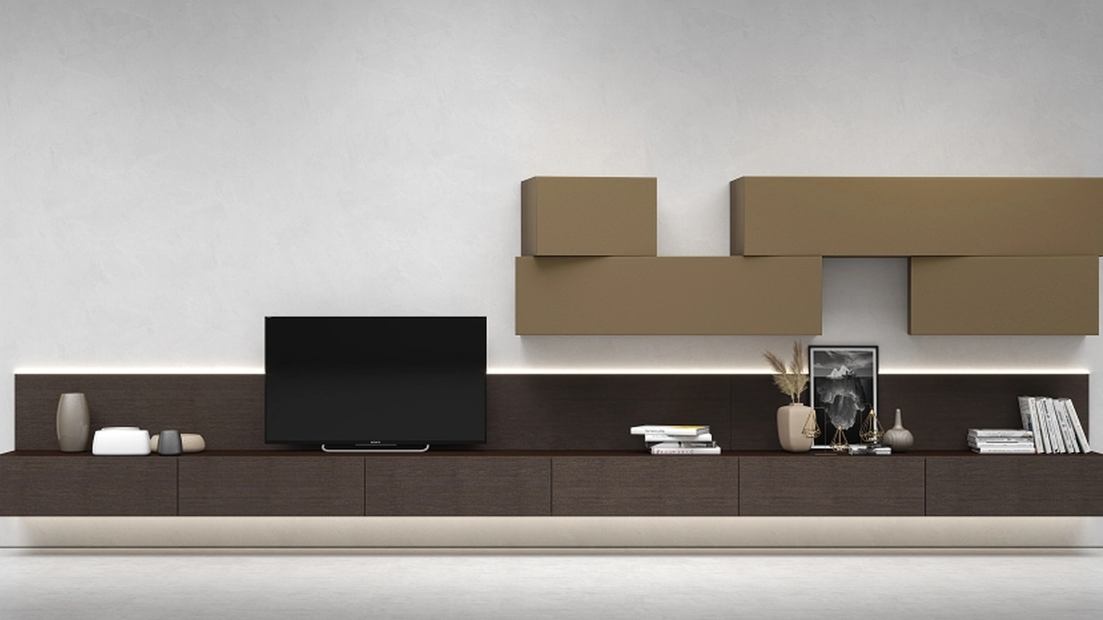 Mobile Porta Tv sospeso InclinArt in legno con pensili in laccato opaco di Presotto