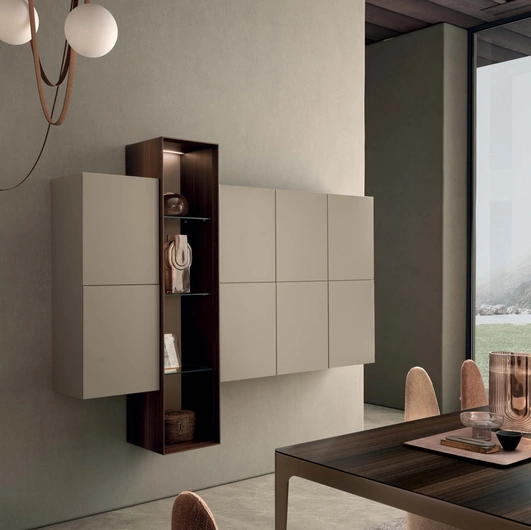 Mobile sospeso I-ModulART 06 in laccato opaco con colonna a giorno in legno di Presotto