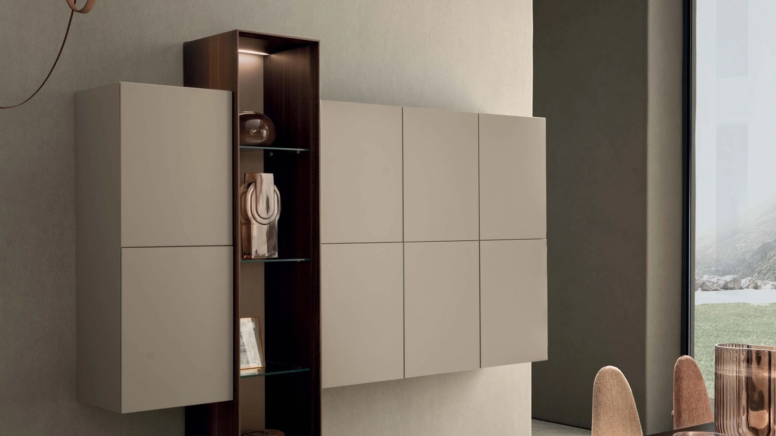 Mobile sospeso I-ModulART 06 in laccato opaco con colonna a giorno in legno di Presotto