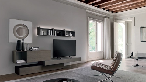 Parete Attrezzata Base Domino IN3 19N in Rovere grigio e laccato opaco di Sangiacomo