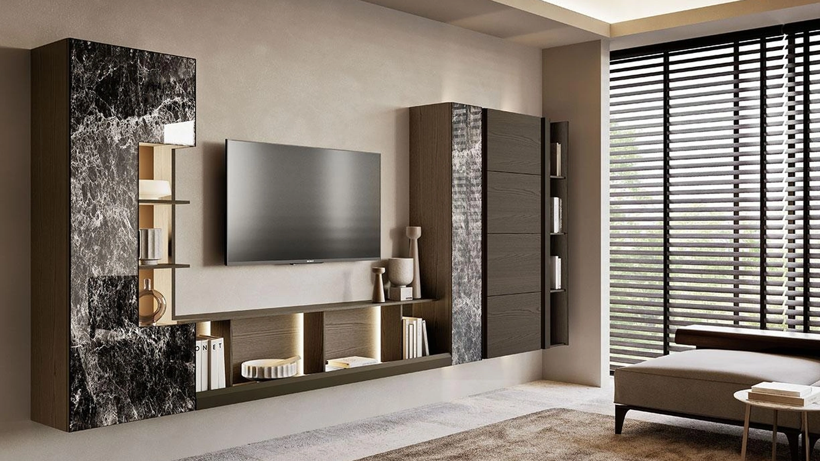 Parete Attrezzata Composizione Horizon 1001 in legno e vetro di Mobilgam