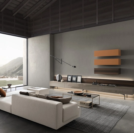 Parete Attrezzata I-ModulART 05 in laccato lucido e legno con pensili in laccato opaco e legno di Presotto