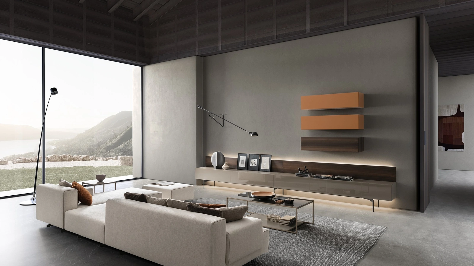 Parete Attrezzata I-ModulART 05 in laccato lucido e legno con pensili in laccato opaco e legno di Presotto