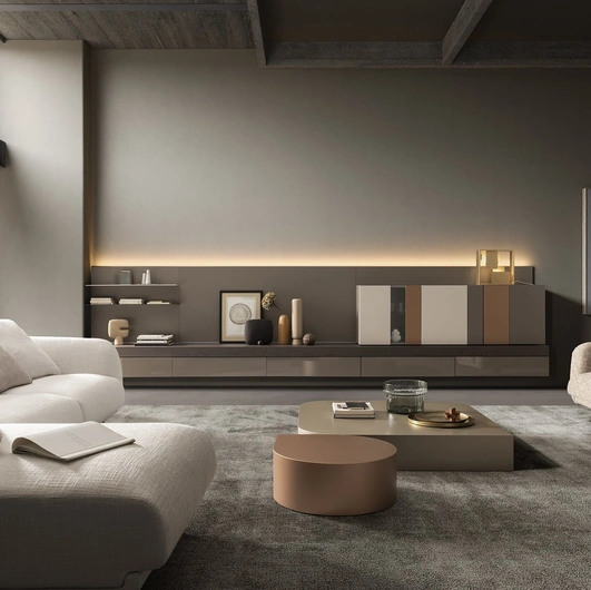 Parete Attrezzata sospesa I-ModulART 04 in laccato lucido, opaco e legno di Presotto