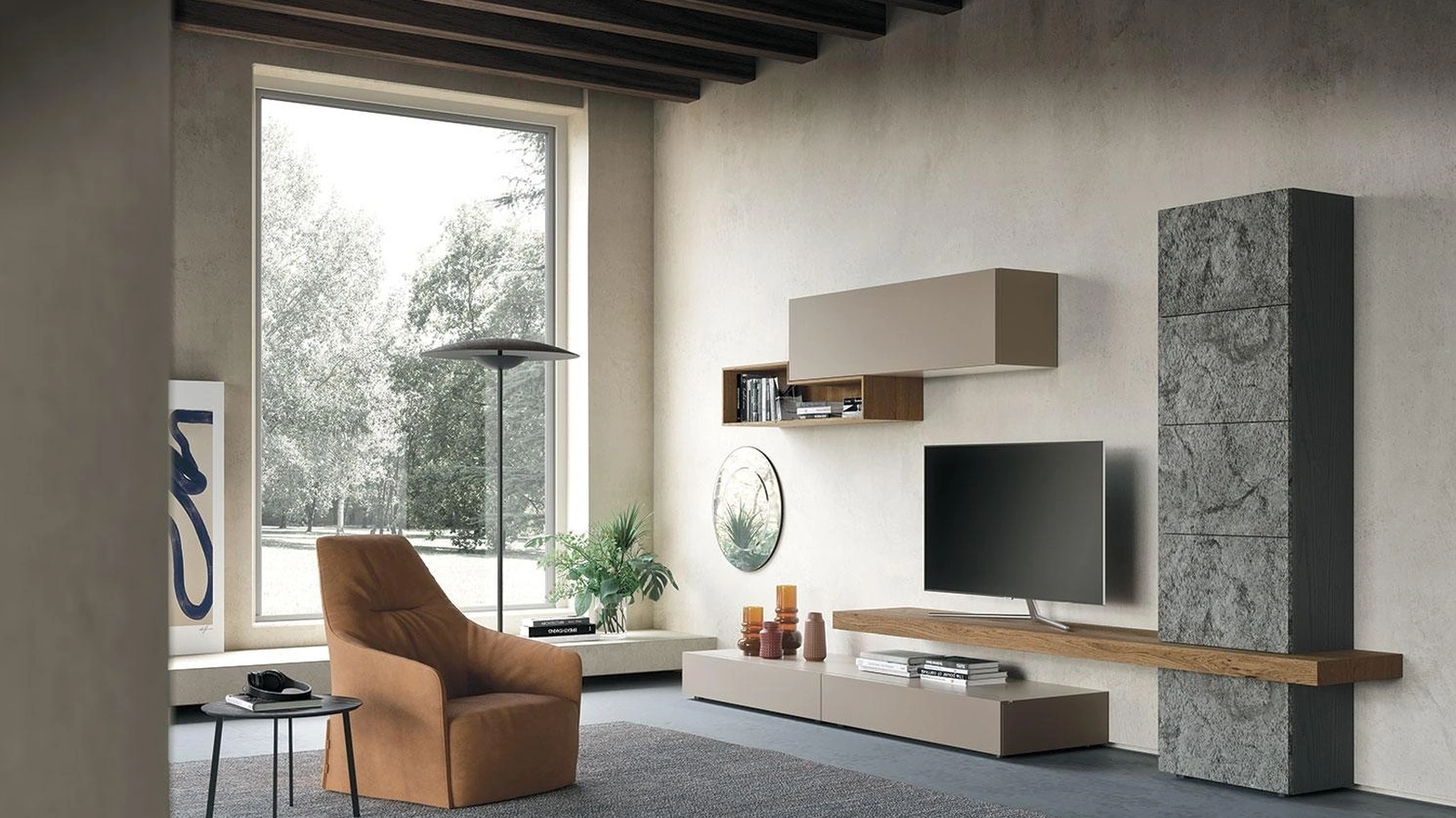 Parete Attrezzata Composizione Horizon 915 in laccato opaco e materico di Mobilgam