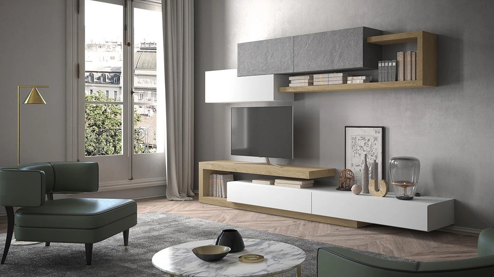 Parete Attrezzata Composizione Horizon 936 in legno, laccato opaco e pietra di Mobilgam