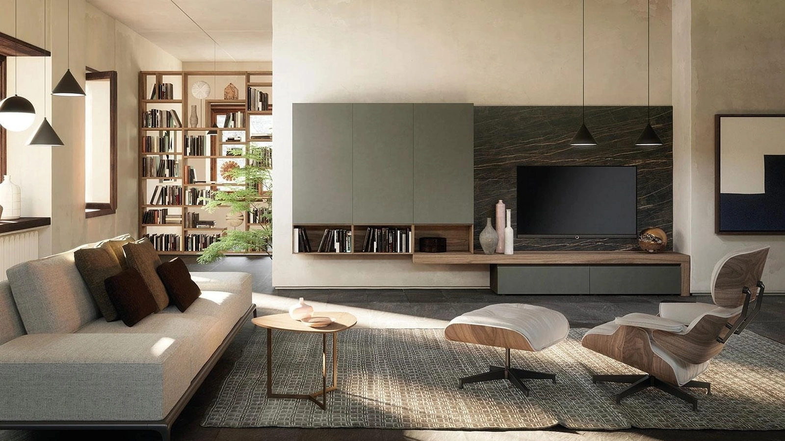 Parete Attrezzata Composizione Horizon 939 in laccato opaco, legno e laminato di Mobilgam